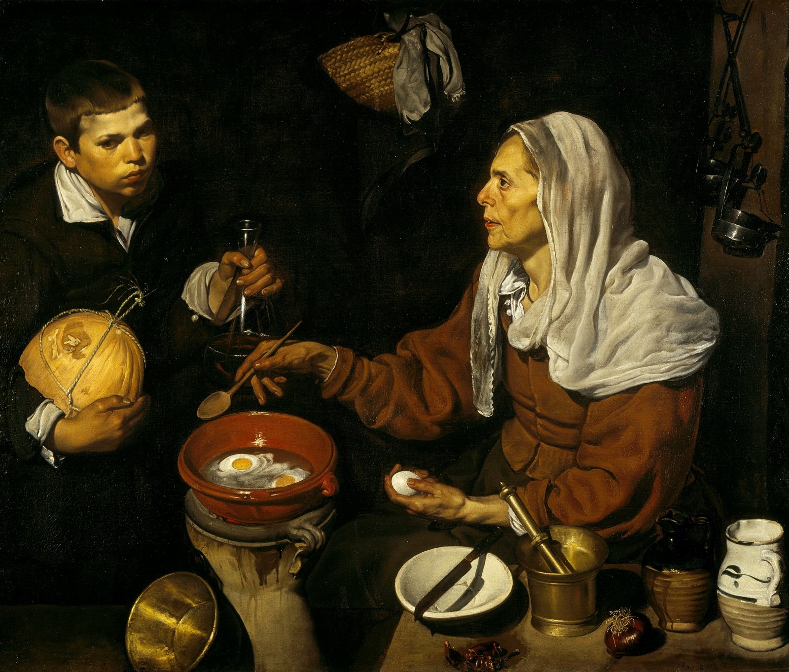 Vieja friendo huevos. Diego Velázquez, Óleo sobre lienzo. 1618