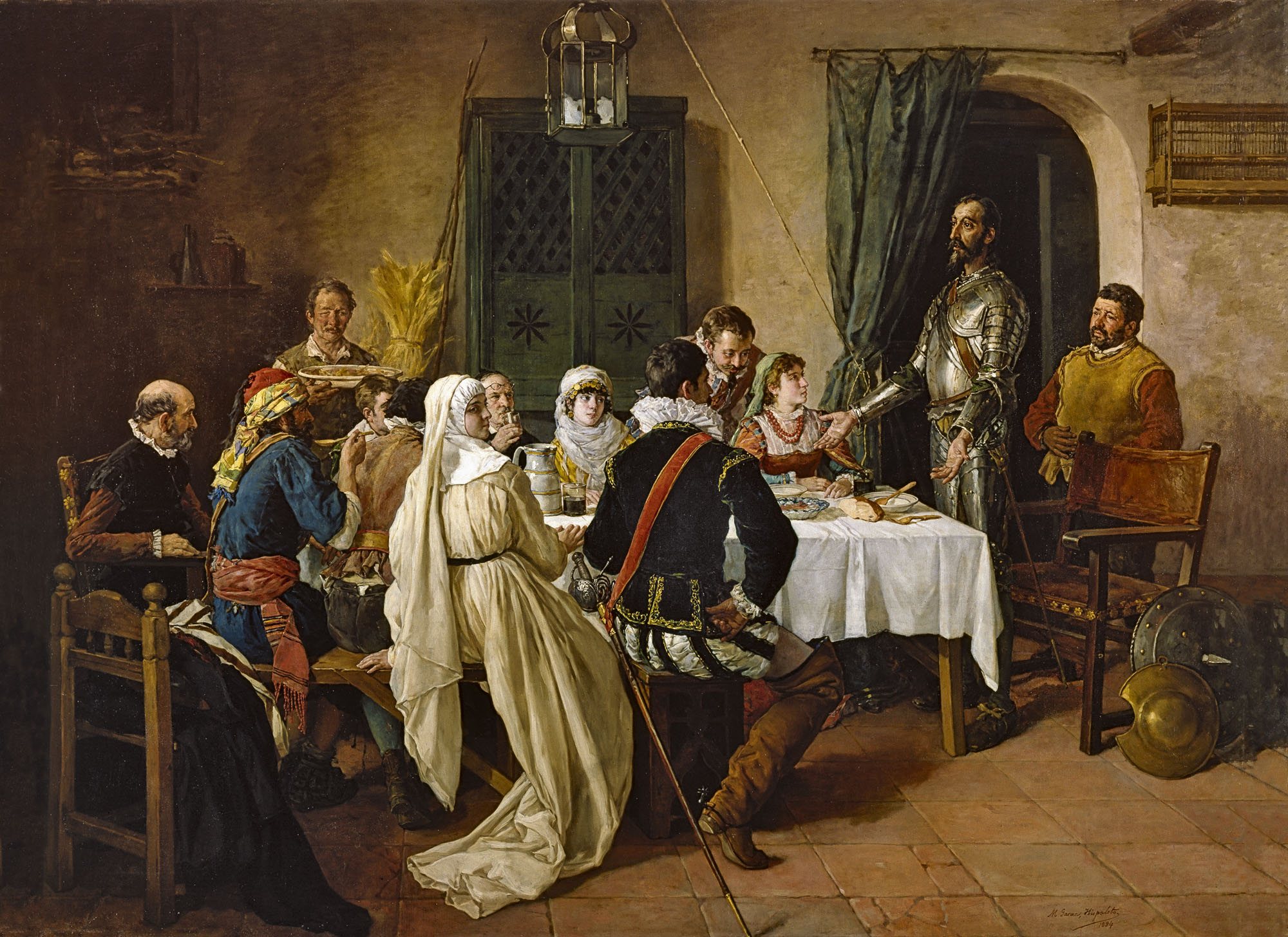 Don Quijote preside la comida en una venta, junto a la supuesta princesa Micomicona. Óleo por Manuel García «Hispaleto». Siglo XIX. Museo del Prado